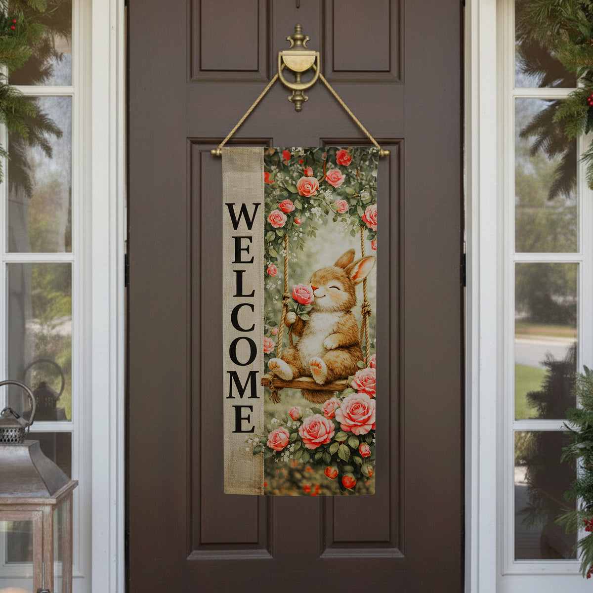 America Forever Welcome Bunny on a Swing Garden Banner Flag