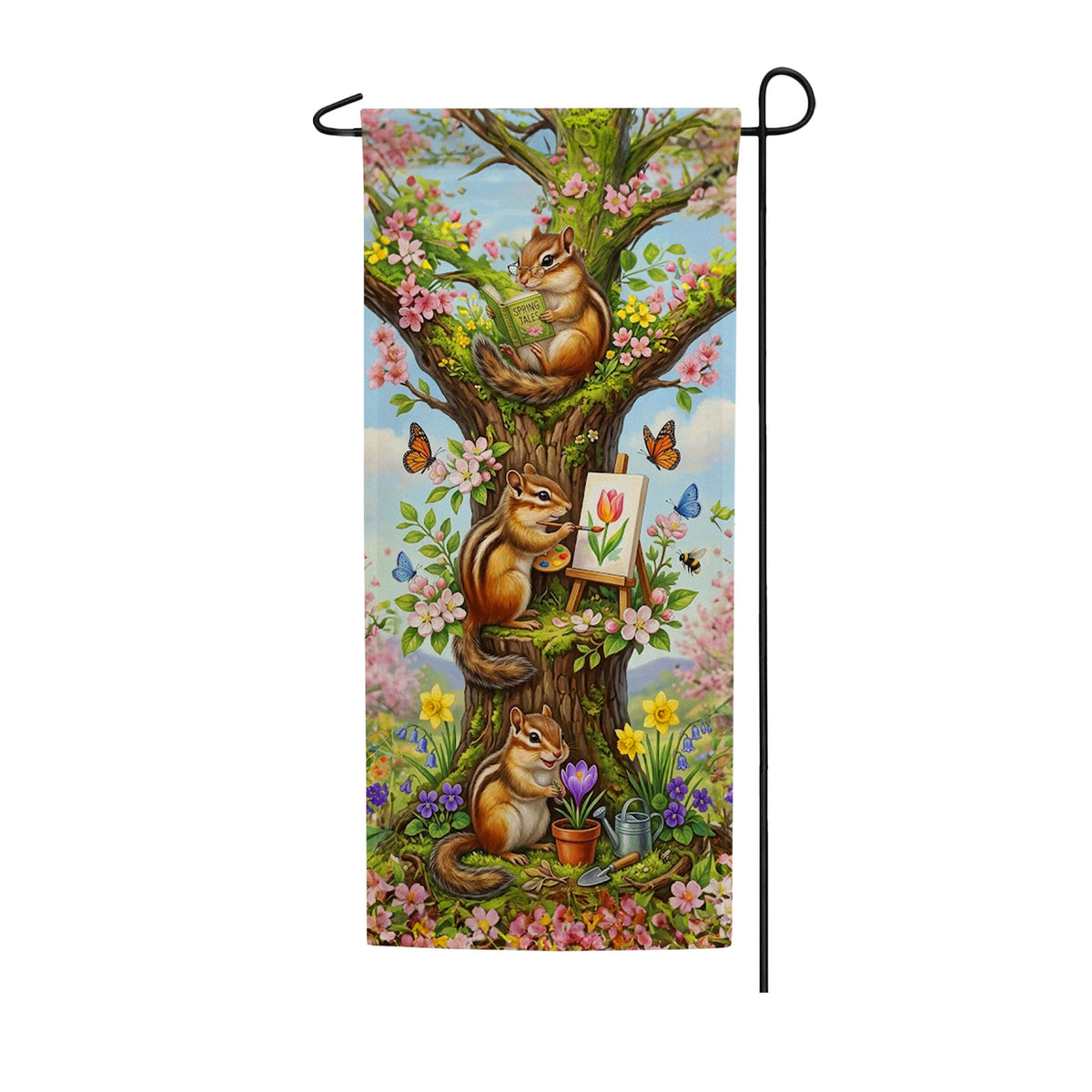 Busy Chipmunks in Bloom Double Sided Banner Garden Flag 12.5" x 28"
