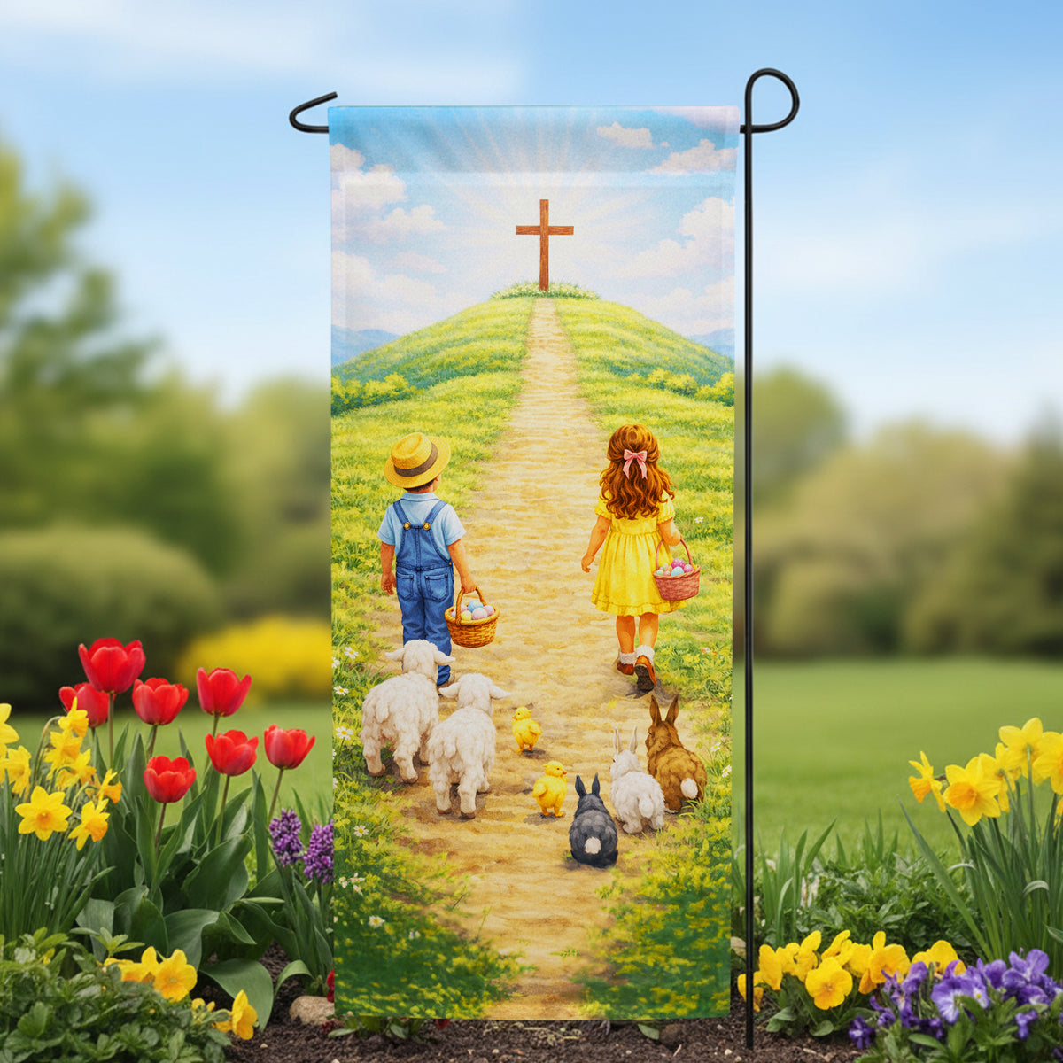 Easter Children Walking to Cross Banner Garden Flag