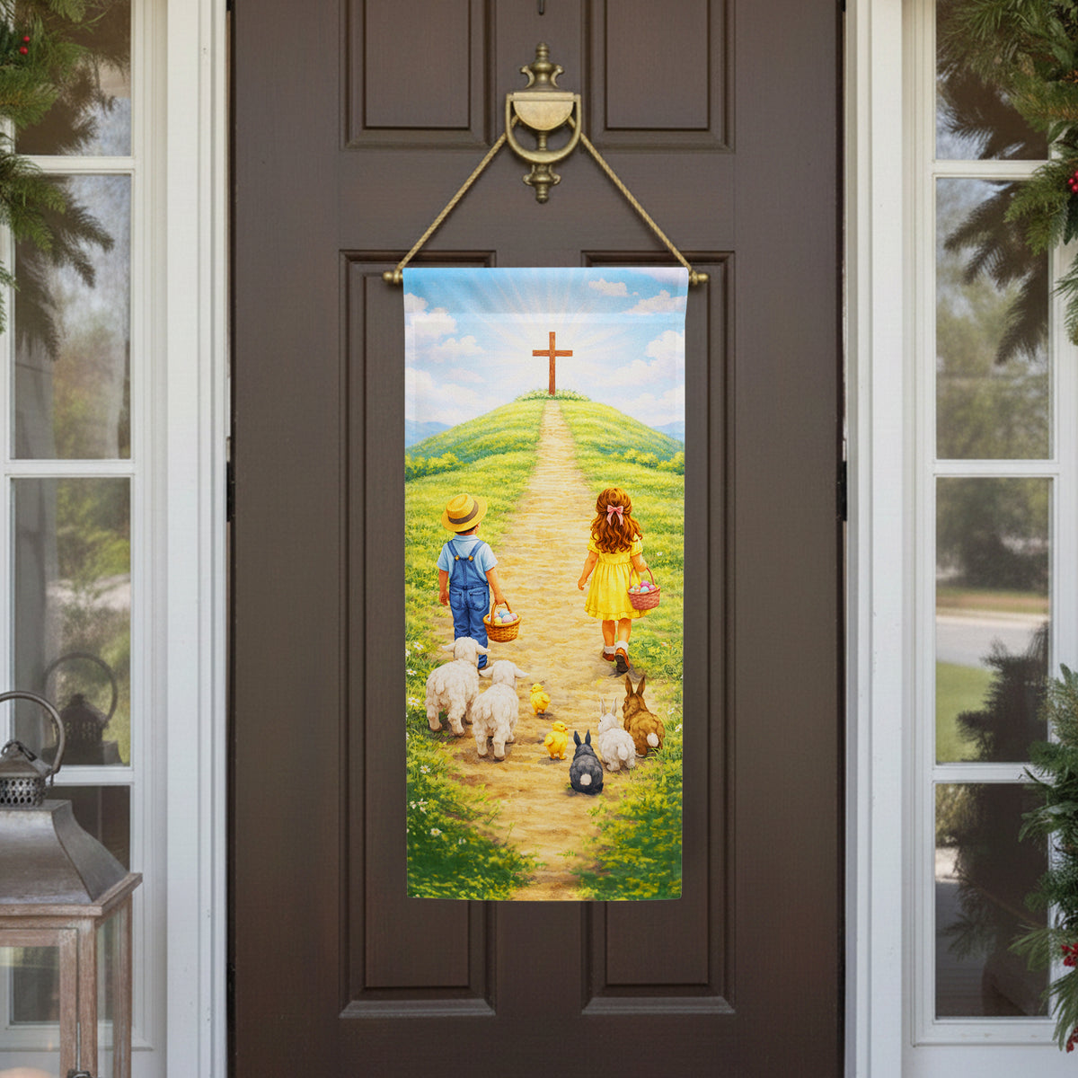 Easter Children Walking to Cross Banner Garden Flag