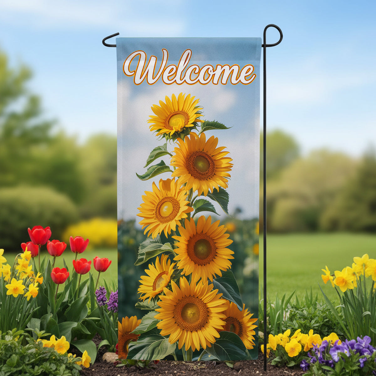 America Forever Welcome Golden Sunflower Cascade Garden Banner Flag