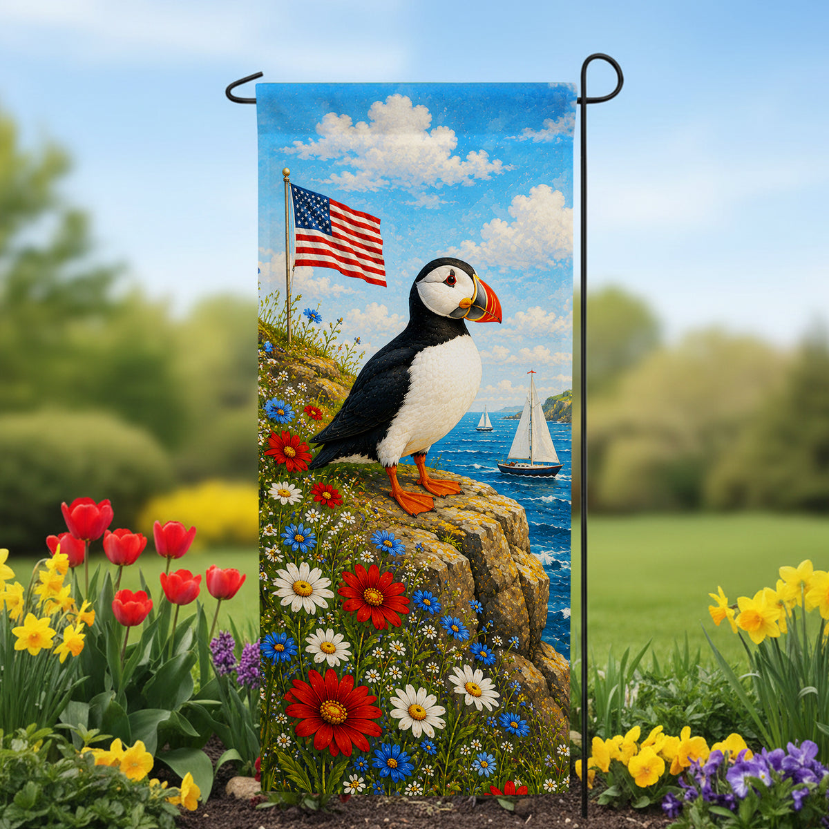 America Forever Patriotic Puffin Coastal Garden Banner Flag