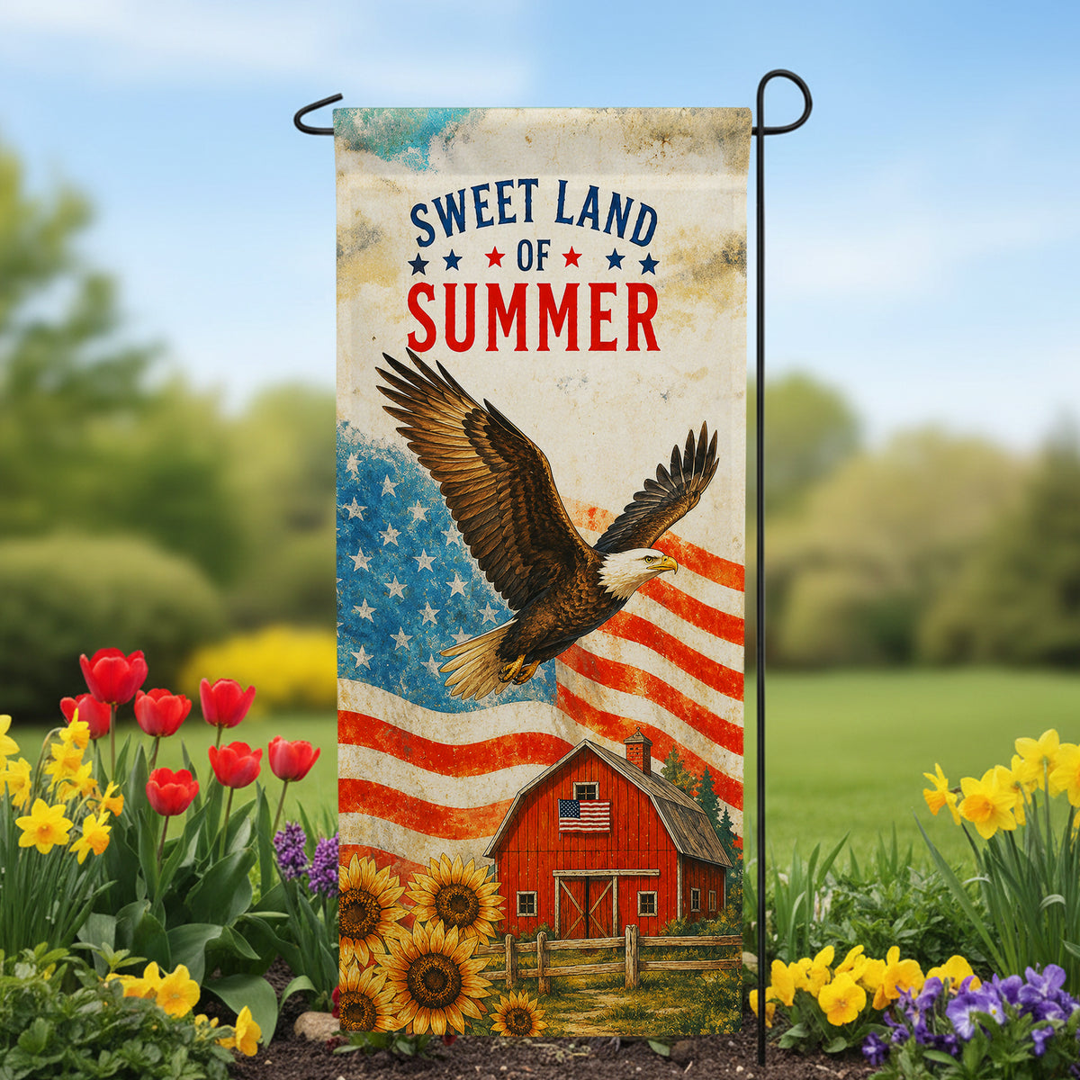 America Forever Sweet Land of Summer Patriotic Eagle Garden Banner Flag
