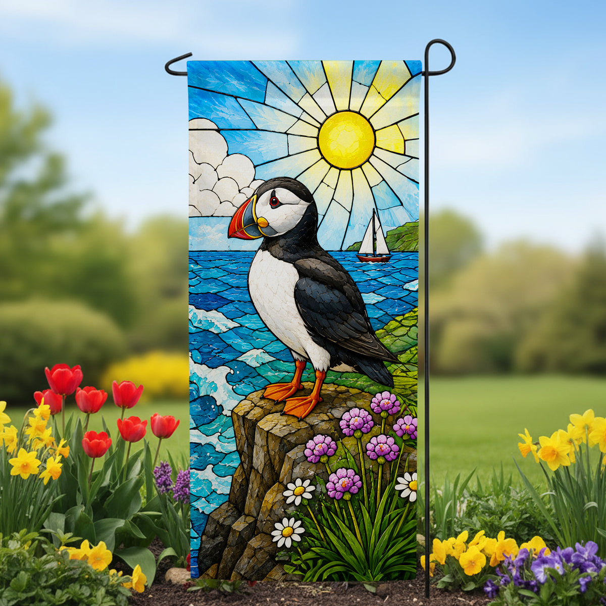 America Forever Stained Glass Puffin Coastal Garden Banner Flag