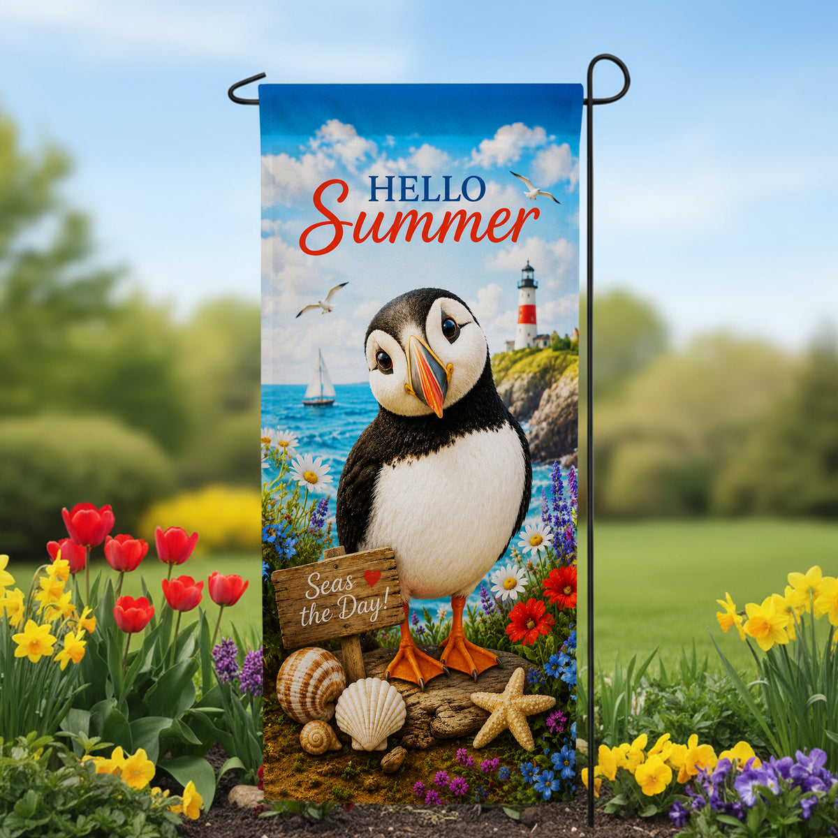 America Forever Hello Summer Puffin Coastal Garden Banner Flag