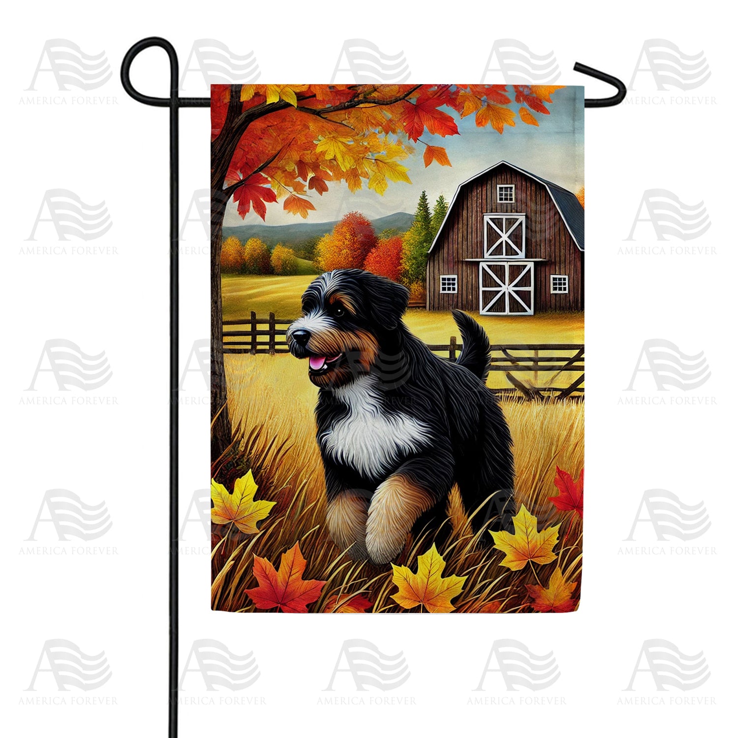 America Forever Autumn Dog and Barn Garden Flag