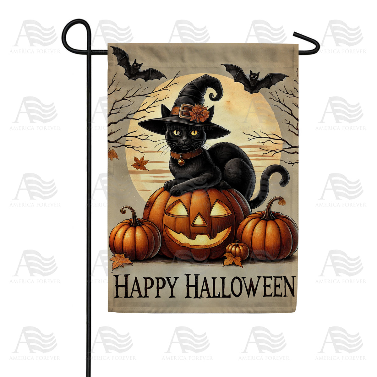 America Forever Happy Halloween Witch Cat Garden Flag