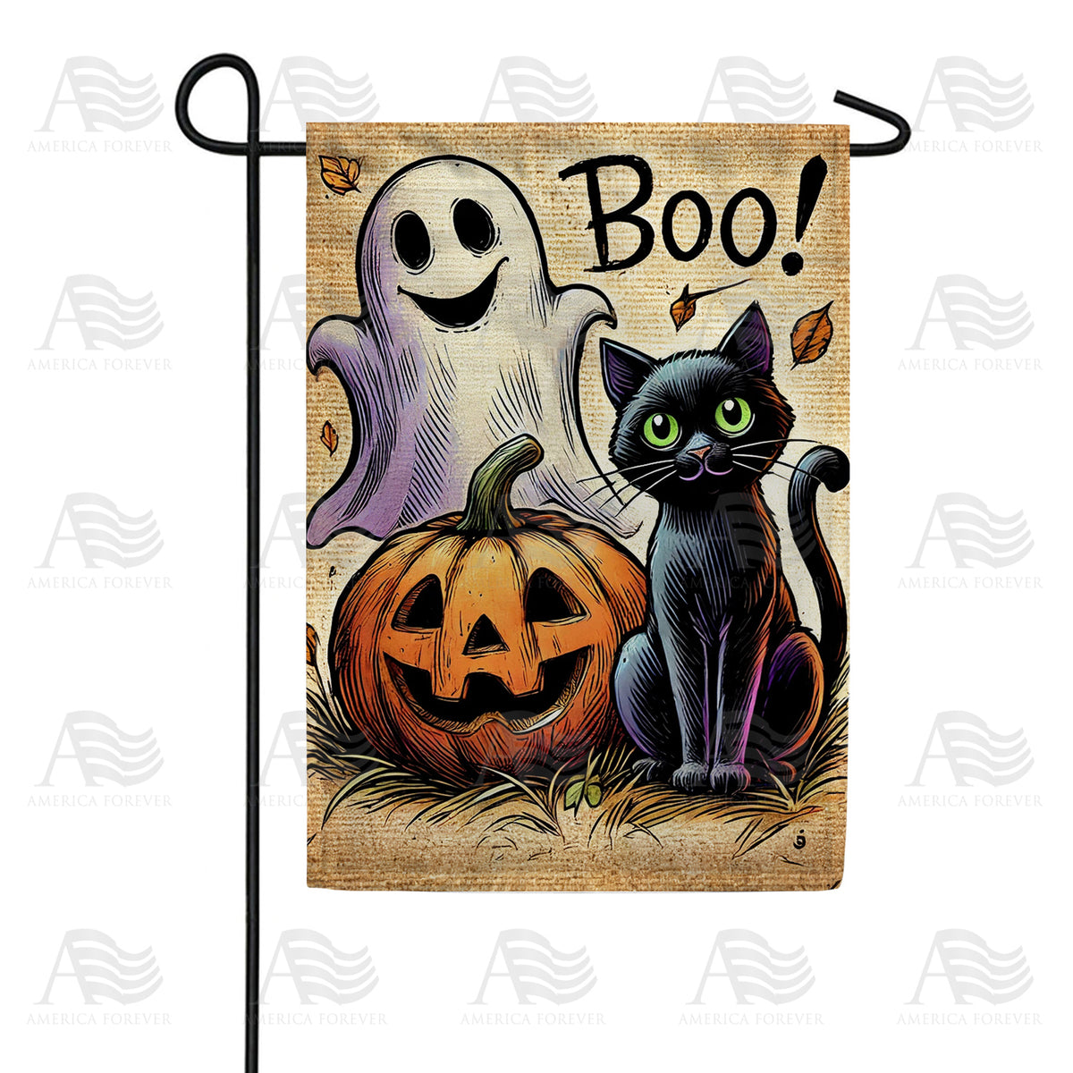 America Forever Boo Black Cat and Ghost Halloween Garden Flag