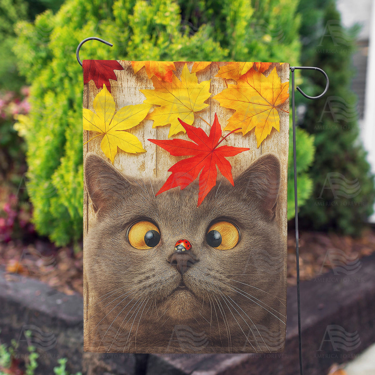 America Forever Fall Cat with Ladybug Garden Flag