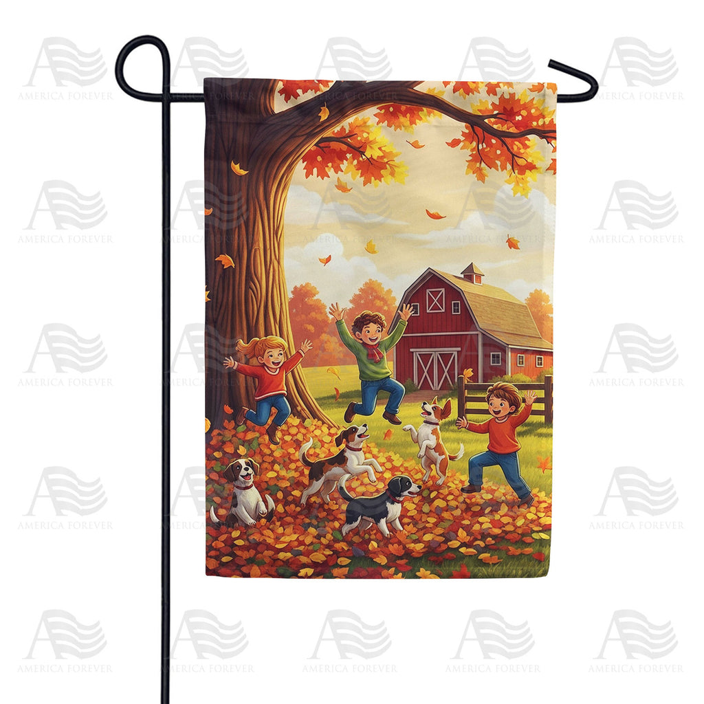 Children Playing in Fall Leaves with Dogs Double Sided Garden Flag