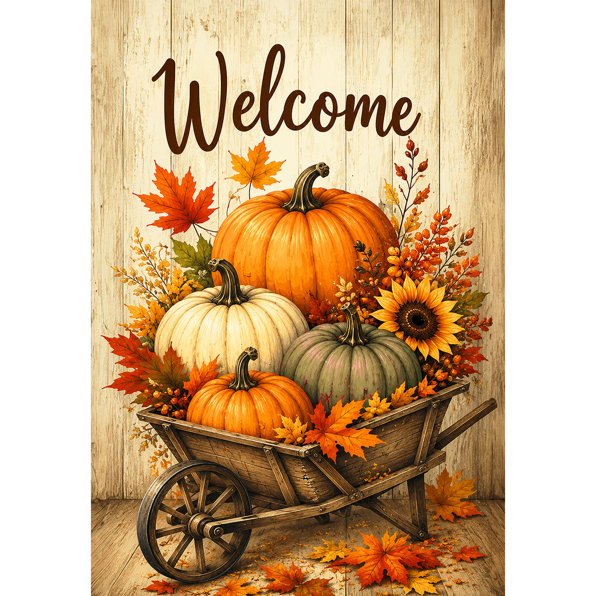America Forever Welcome Pumpkin Wheelbarrow Fall Harvest Garden Flag