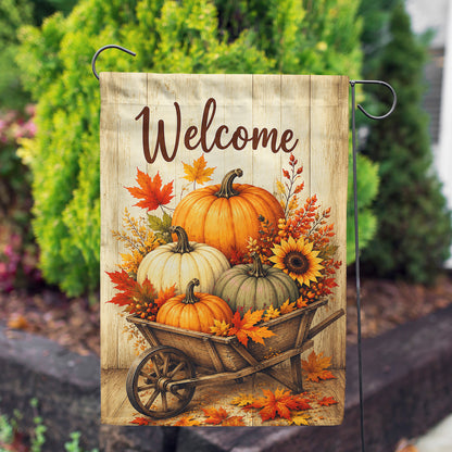 America Forever Welcome Pumpkin Wheelbarrow Fall Harvest Garden Flag
