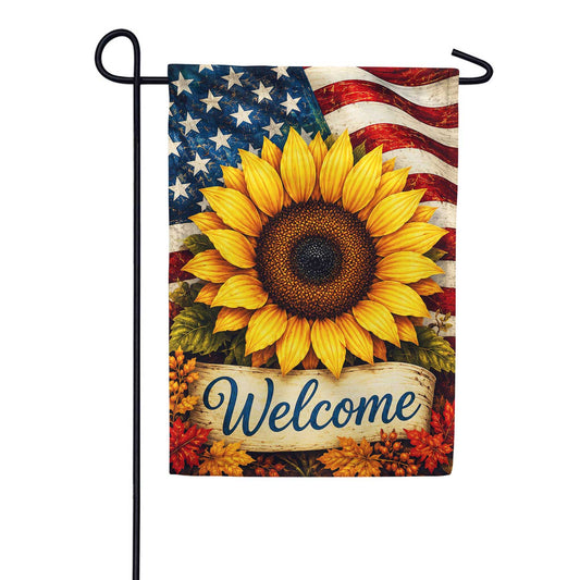 America Forever Patriotic Sunflower Welcome with Fall Leaves Garden Flag 
