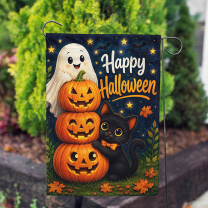 America Forever Happy Halloween Ghost Pumpkins and Black Cat Garden Flag