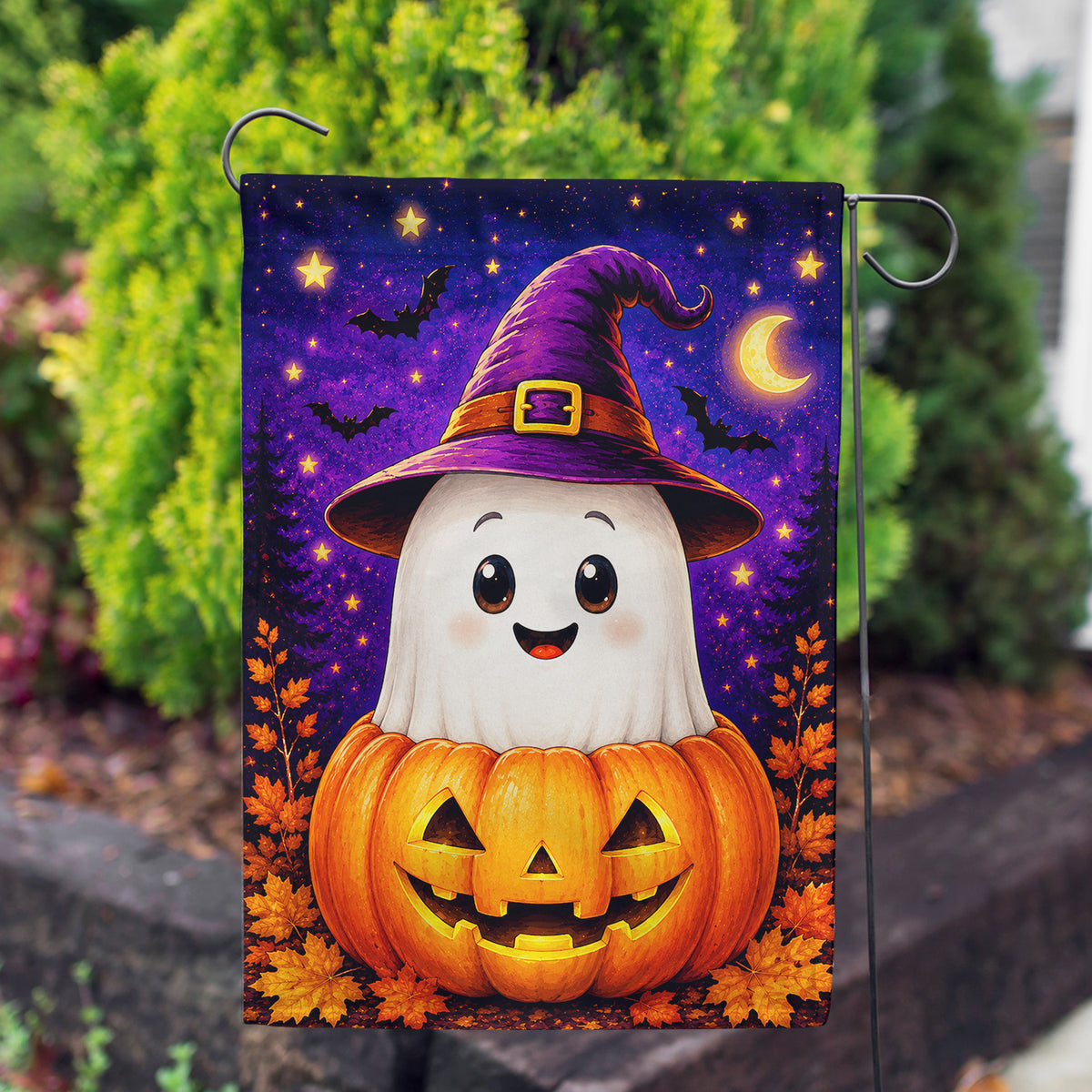 America Forever Cute Ghost in Pumpkin Halloween Garden Flag