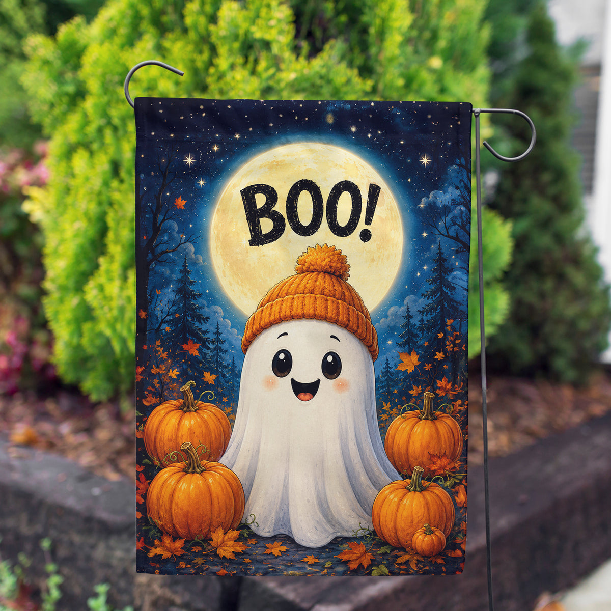 America Forever Cute Ghost with Pumpkins Boo Halloween Garden Flag