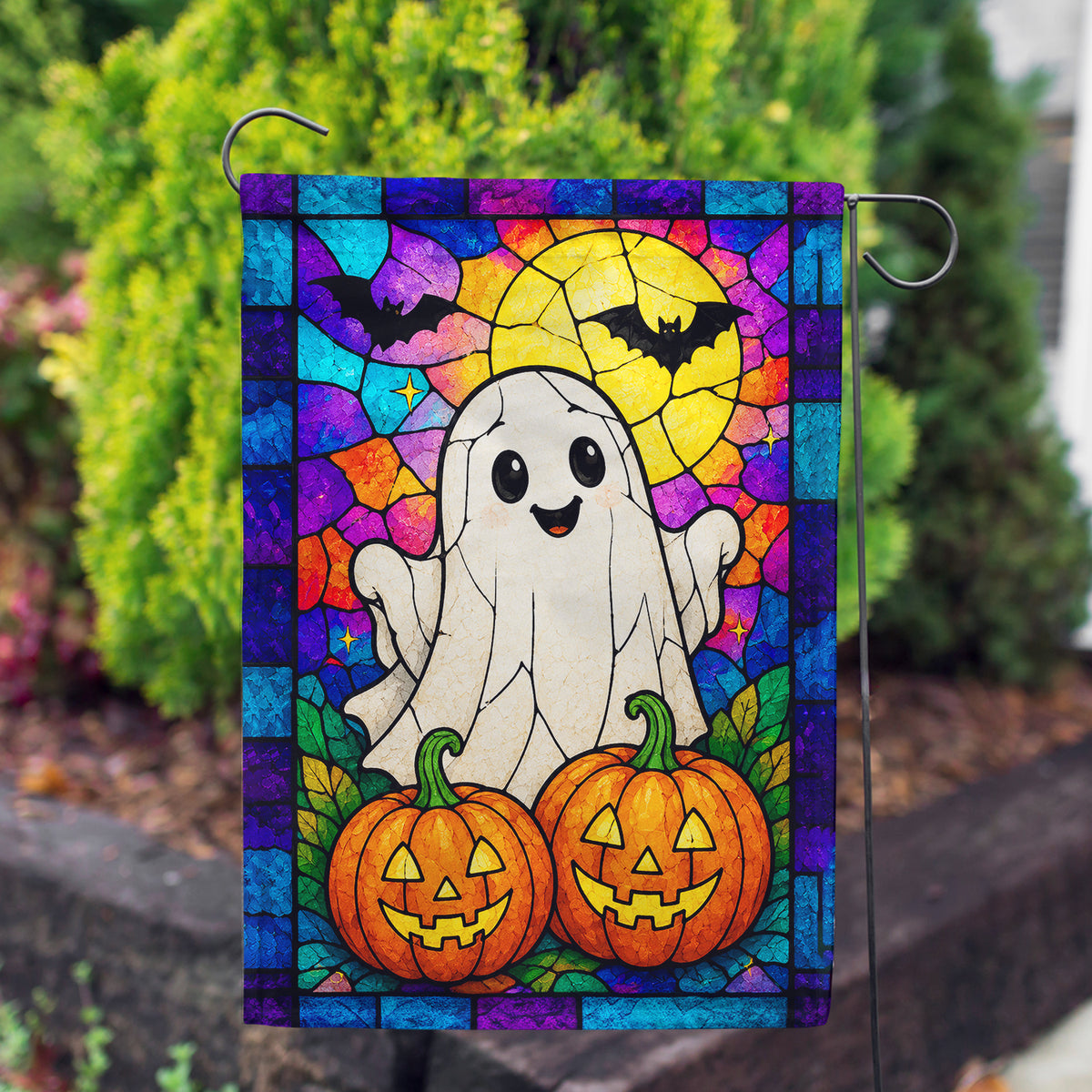 America Forever Stained Glass Halloween Ghost and Pumpkins Garden Flag