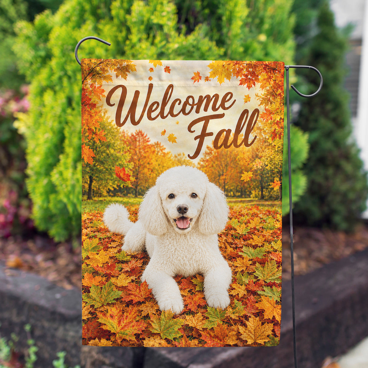 America Forever Welcome Fall White Poodle Autumn Leaves Garden Flag