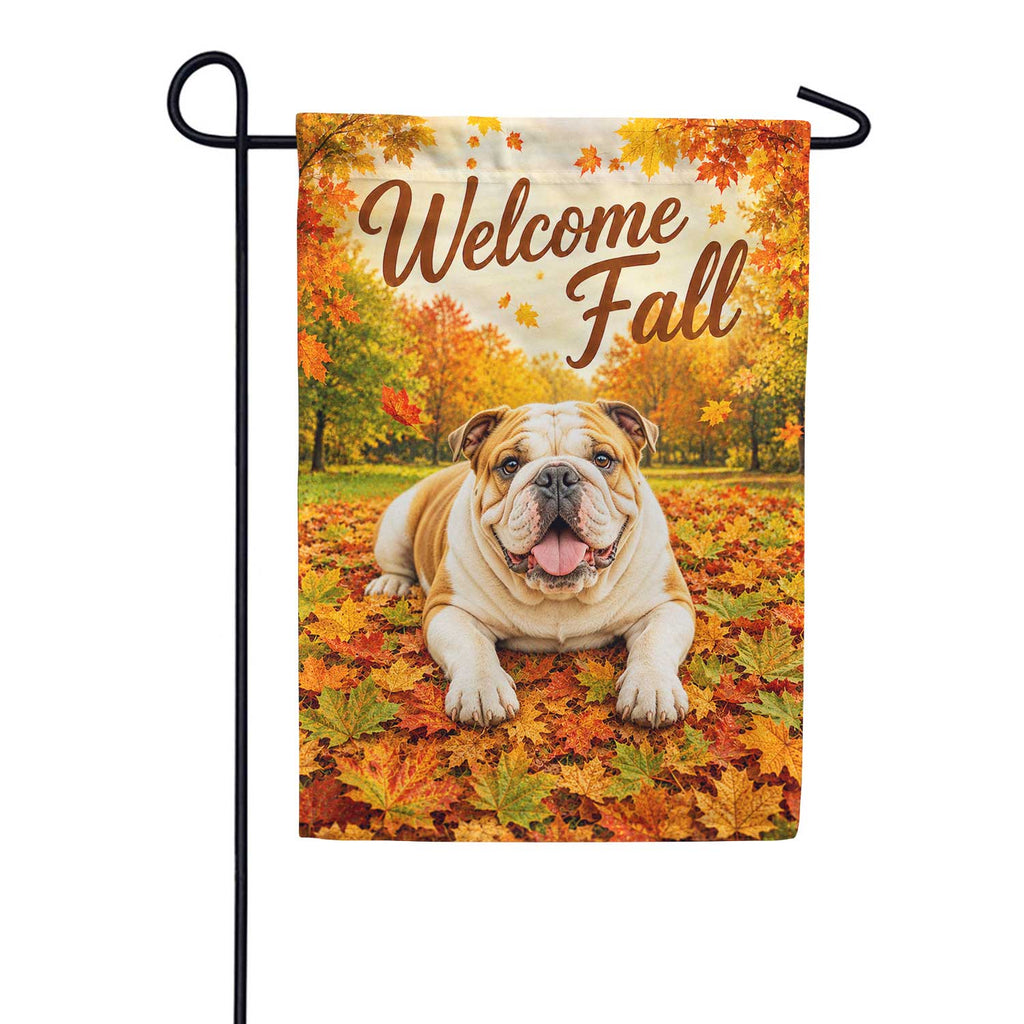 America Forever Welcome Fall English Bulldog Autumn Leaves Garden Flag