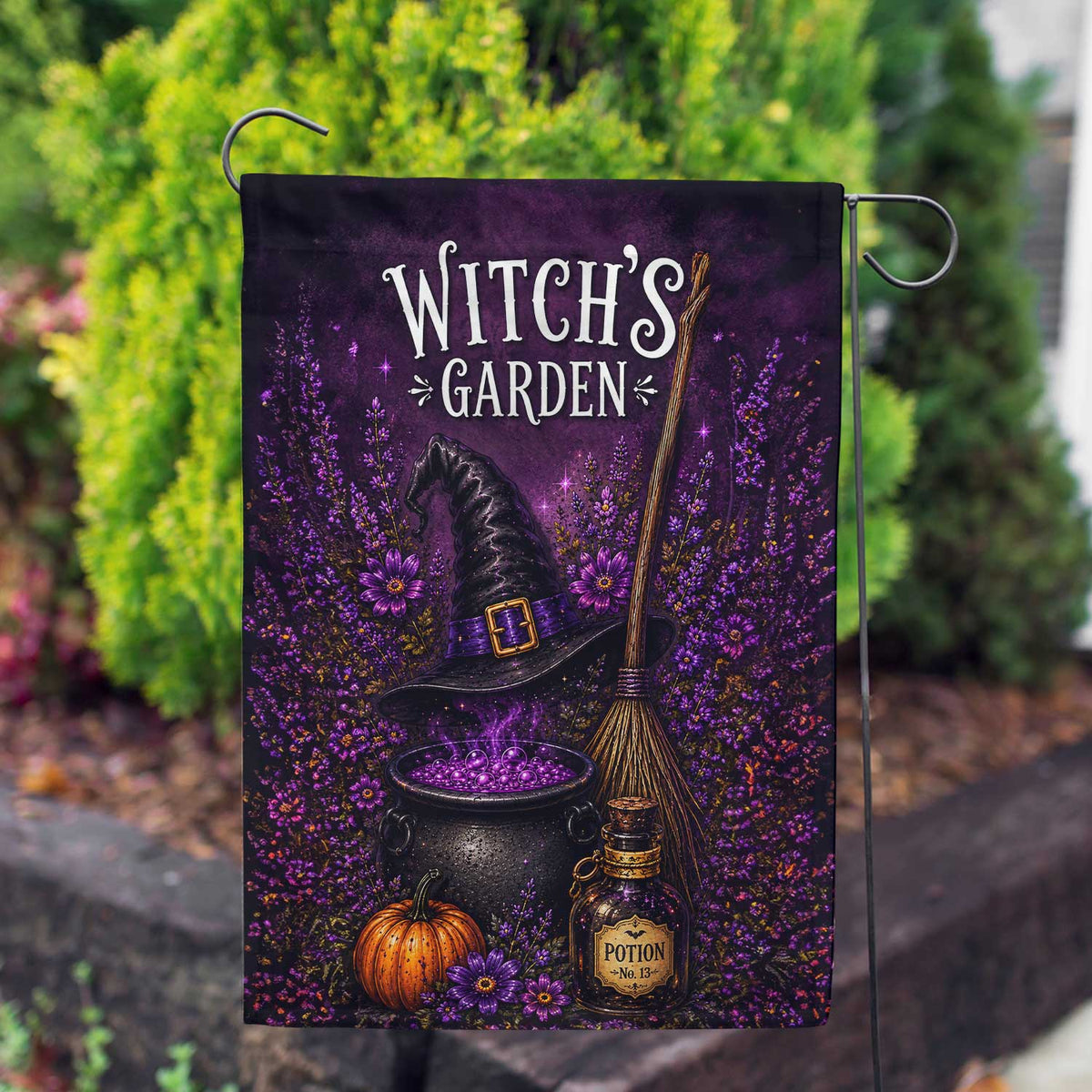 America Forever Witch's Garden Halloween Cauldron and Broom Garden Flag