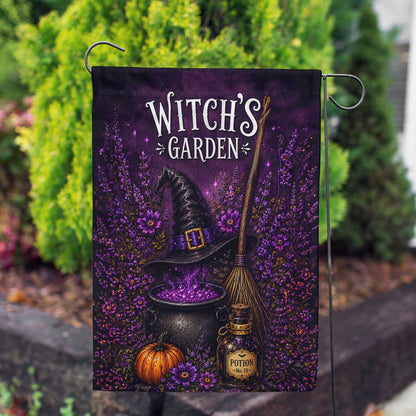 America Forever Witch's Garden Halloween Cauldron and Broom Garden Flag