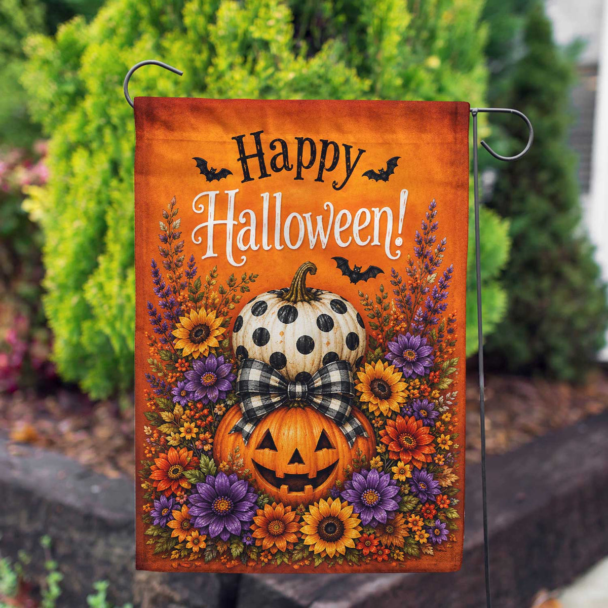 America Forever Happy Halloween Stacked Pumpkins Garden Flag