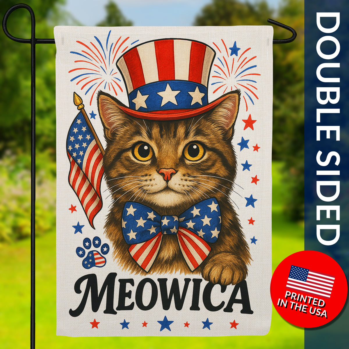 Meowica Patriotic Cat 4th of July Burlap Garden Flag