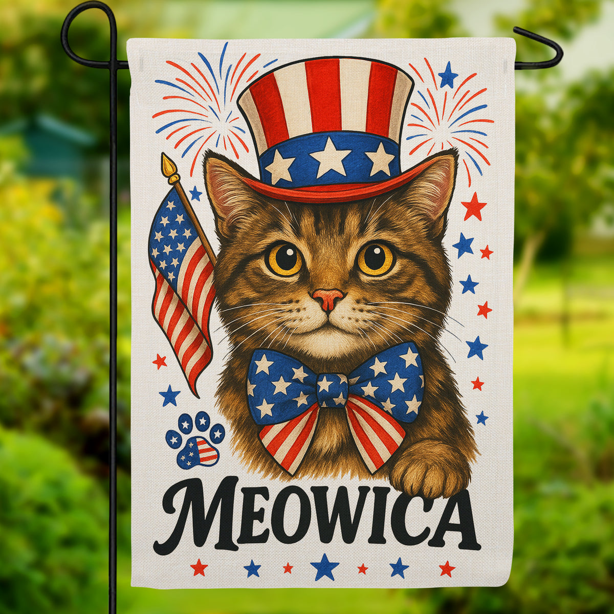 Meowica Patriotic Cat 4th of July Burlap Garden Flag