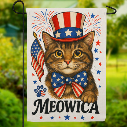Meowica Patriotic Cat 4th of July Burlap Garden Flag