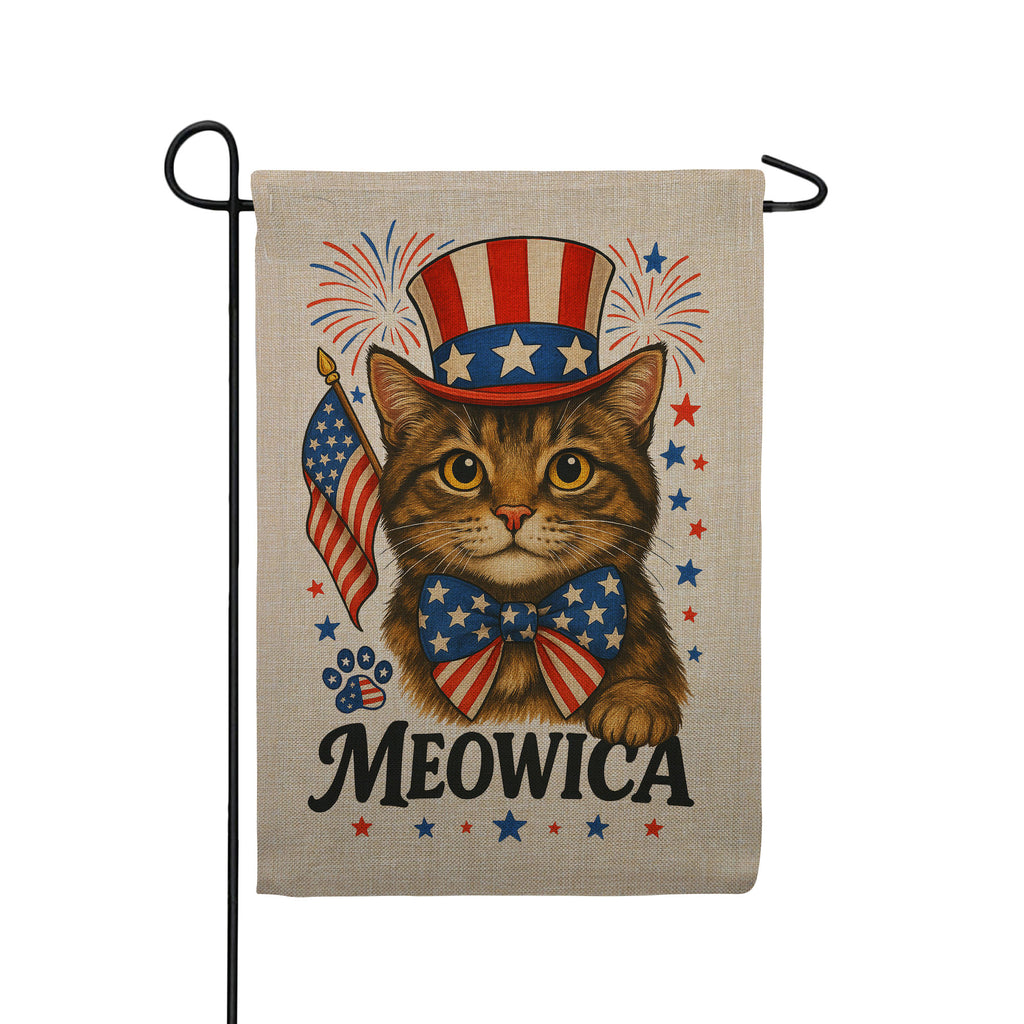 Meowica Patriotic Cat 4th of July Burlap Garden Flag