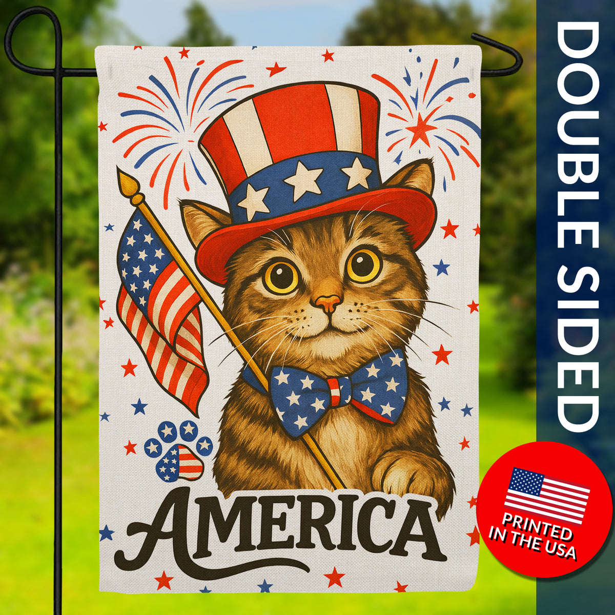 Patriotic Cat America 4th of July Burlap Garden Flag