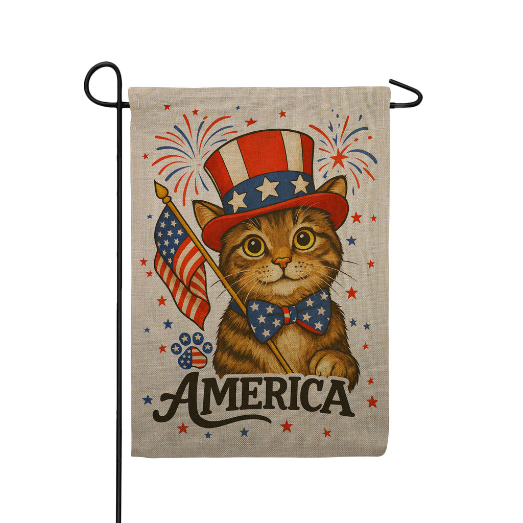 Patriotic Cat America 4th of July Burlap Garden Flag