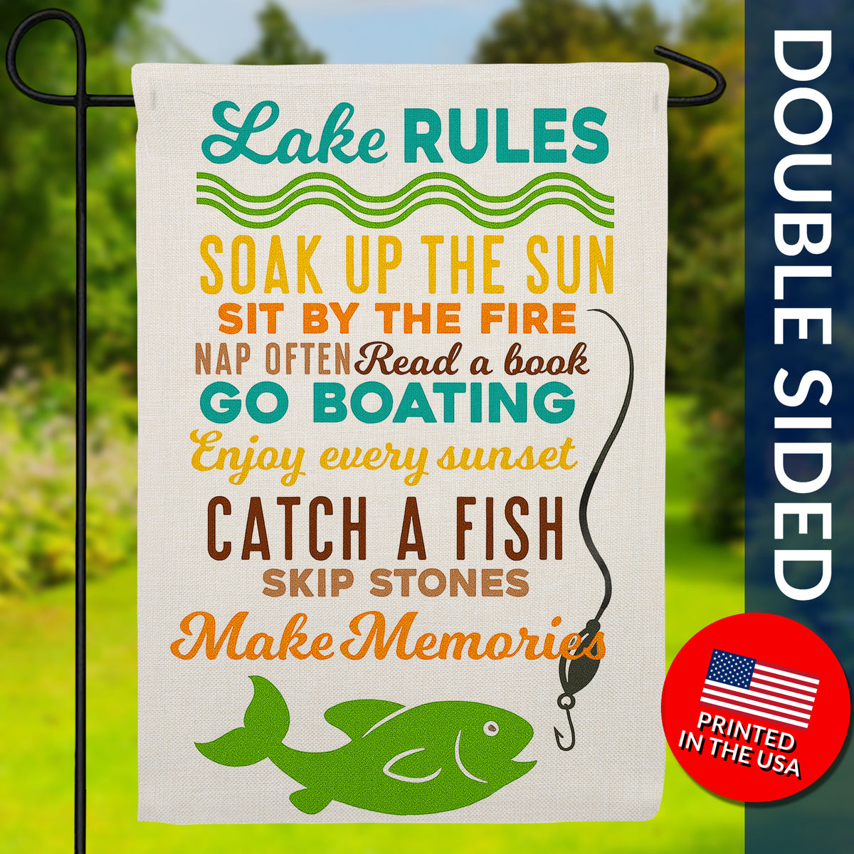 Lake Rules Rustic Burlap Garden Flag