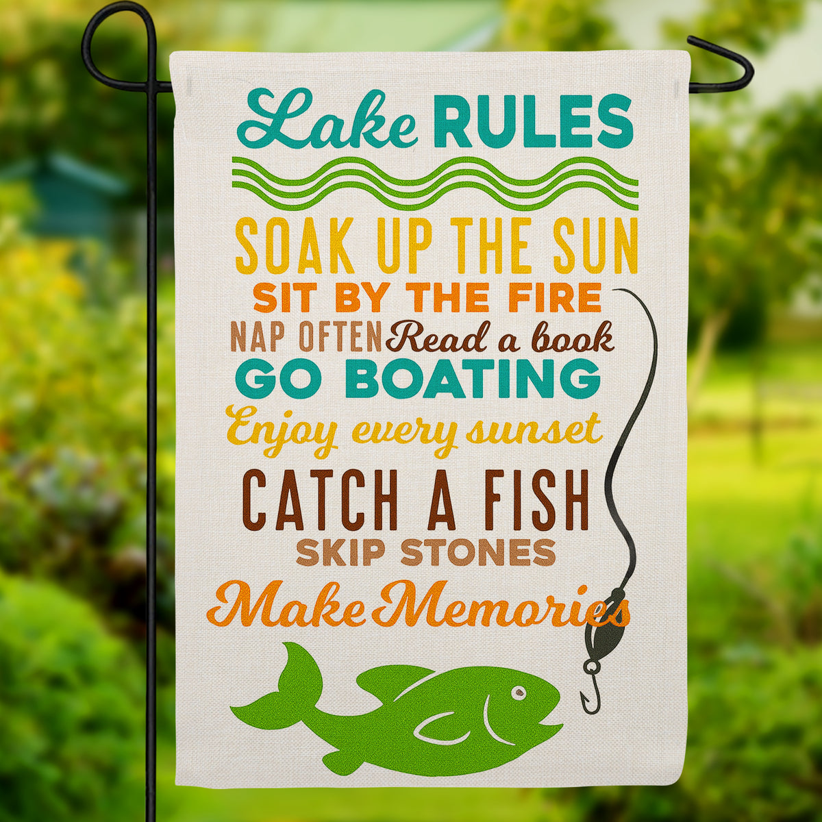 Lake Rules Rustic Burlap Garden Flag