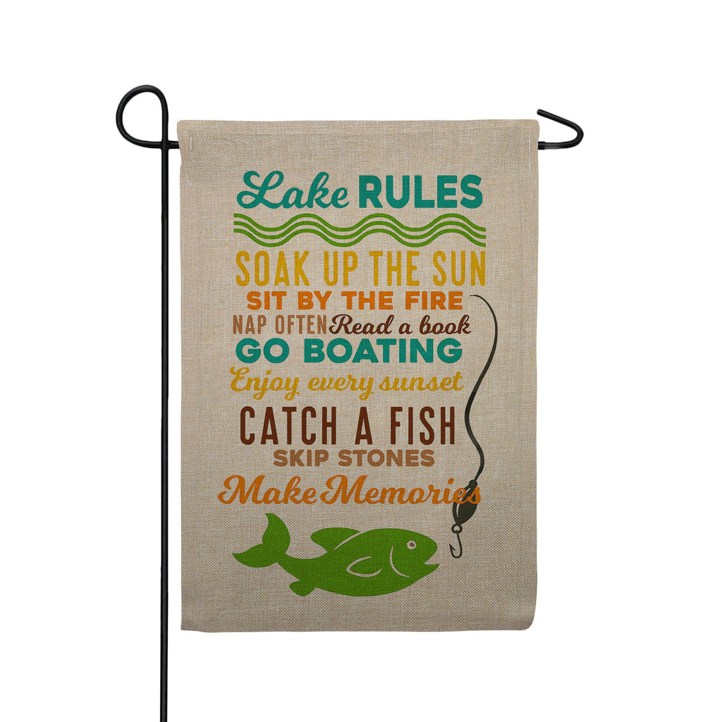 Lake Rules Rustic Burlap Garden Flag