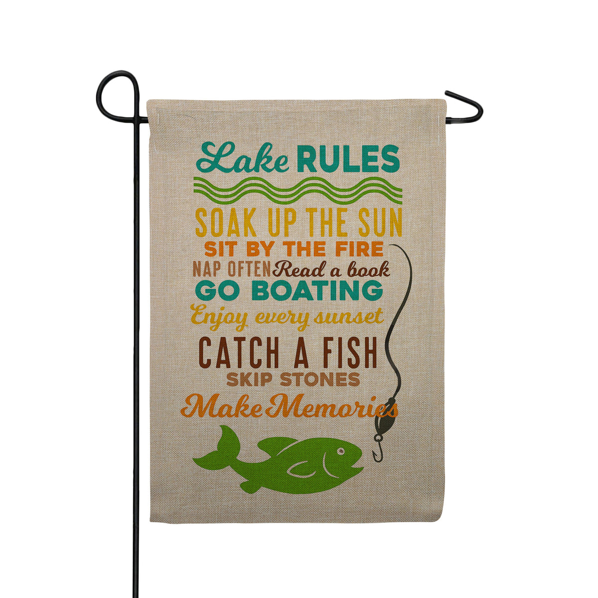 Lake Rules Rustic Burlap Garden Flag