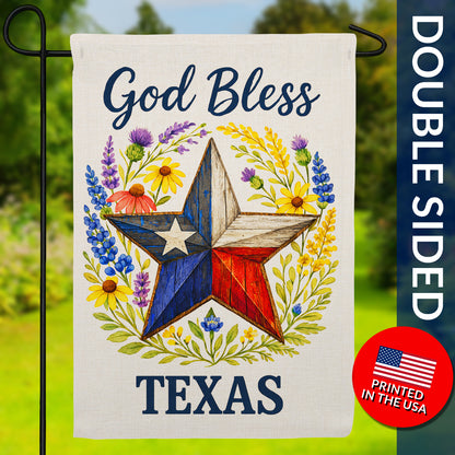 God Bless Texas Lone Star Wildflower Burlap Garden Flag