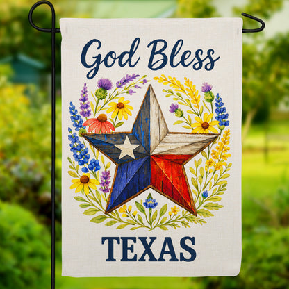God Bless Texas Lone Star Wildflower Burlap Garden Flag