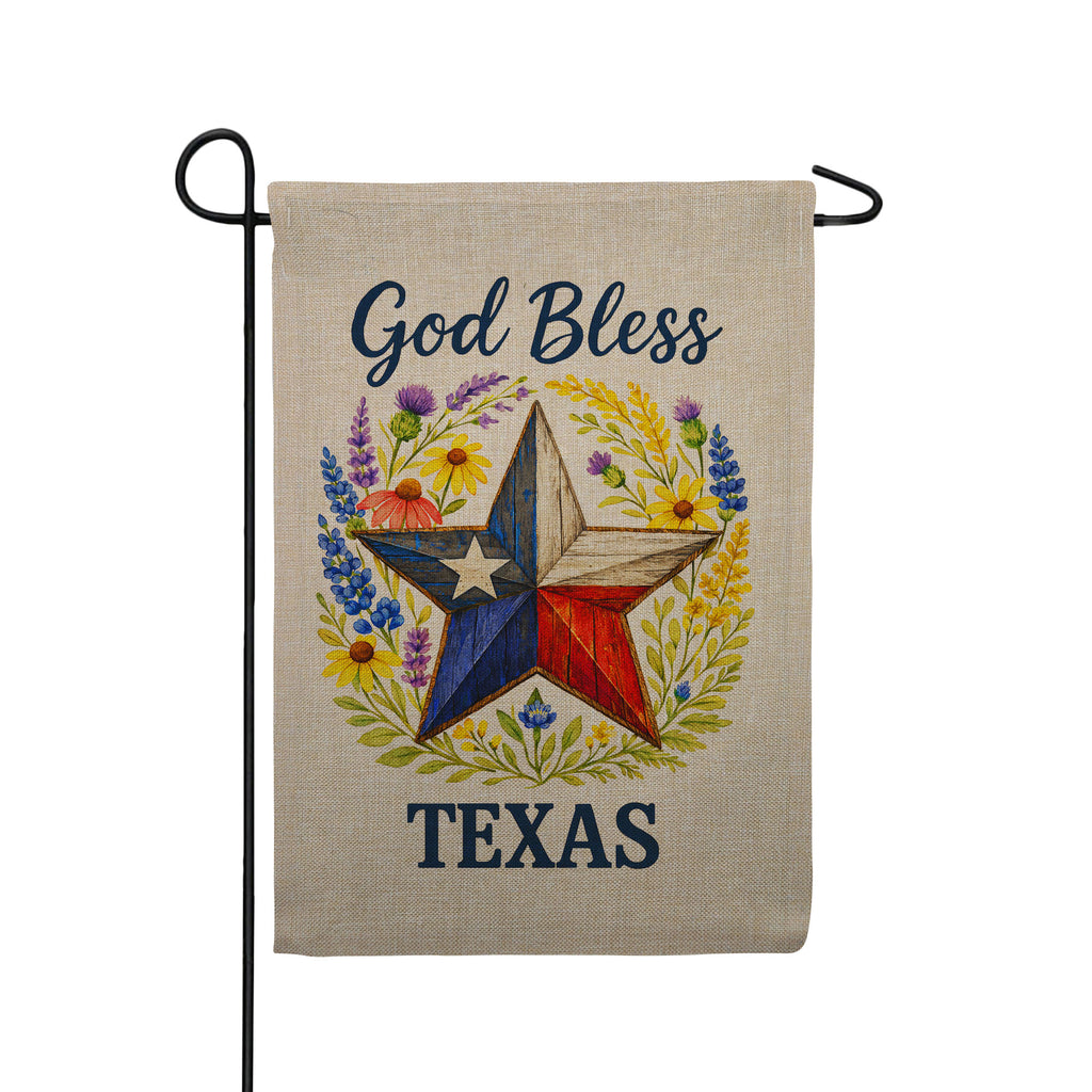 God Bless Texas Lone Star Wildflower Burlap Garden Flag