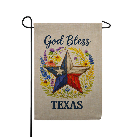 God Bless Texas Lone Star Wildflower Burlap Garden Flag