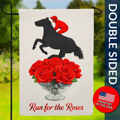 Run for the Roses Kentucky Derby Horse Burlap Garden Flag