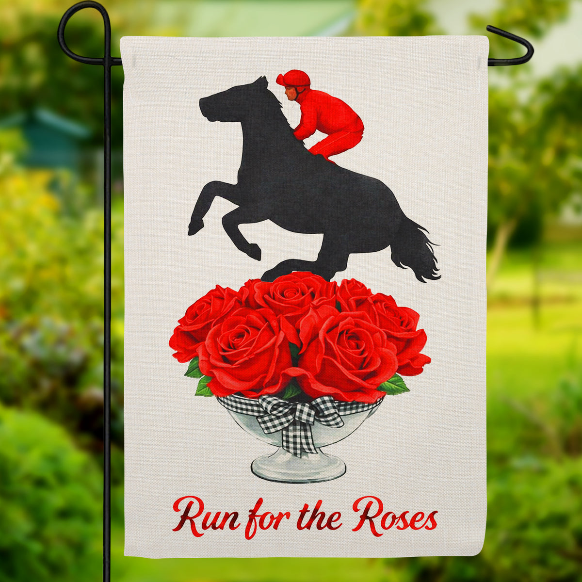 Run for the Roses Kentucky Derby Horse Burlap Garden Flag