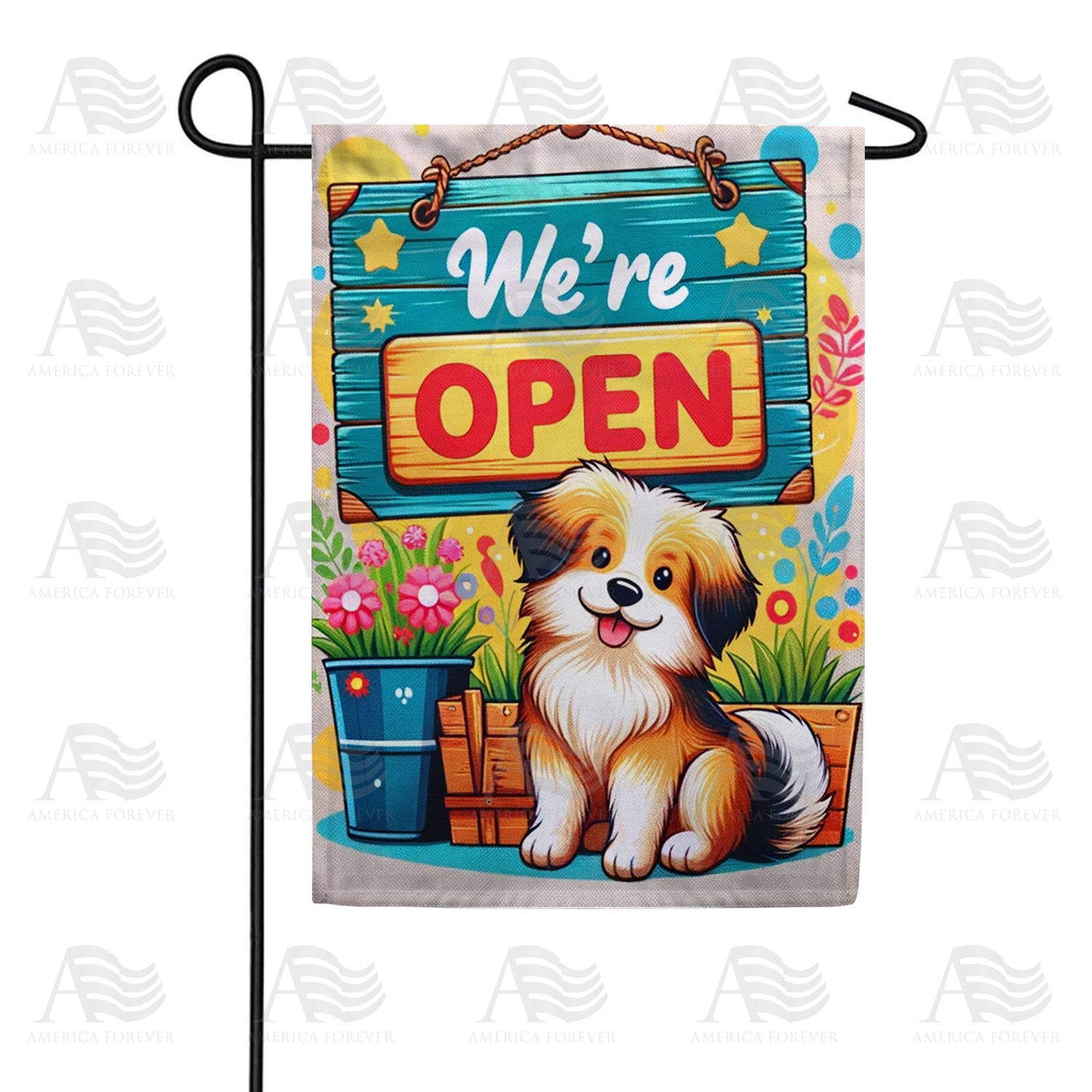 America Forever Welcoming Puppy with Open Sign Garden Flag