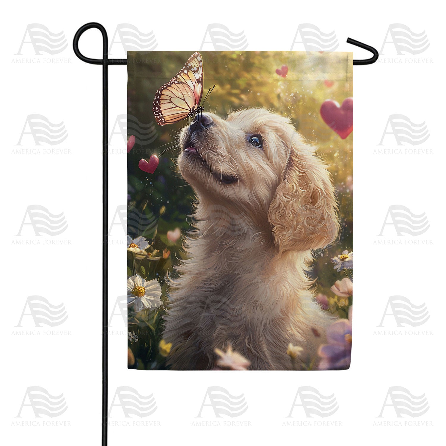 America Forever Golden Puppy Butterfly Love Garden Flag