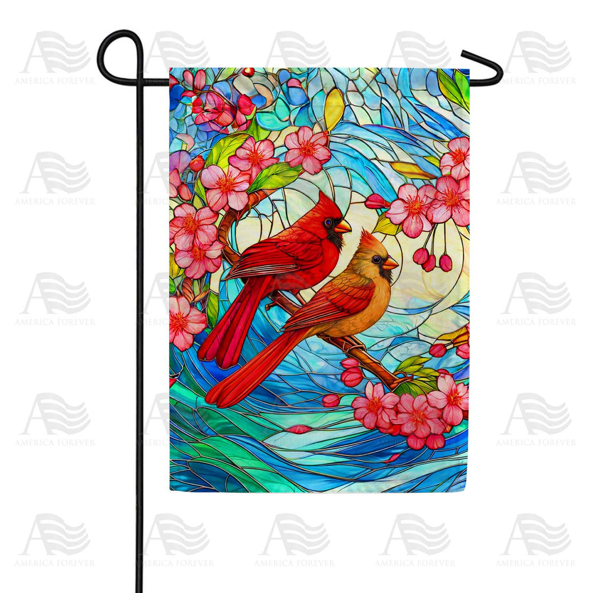 Stained Glass Cardinals Garden Flag