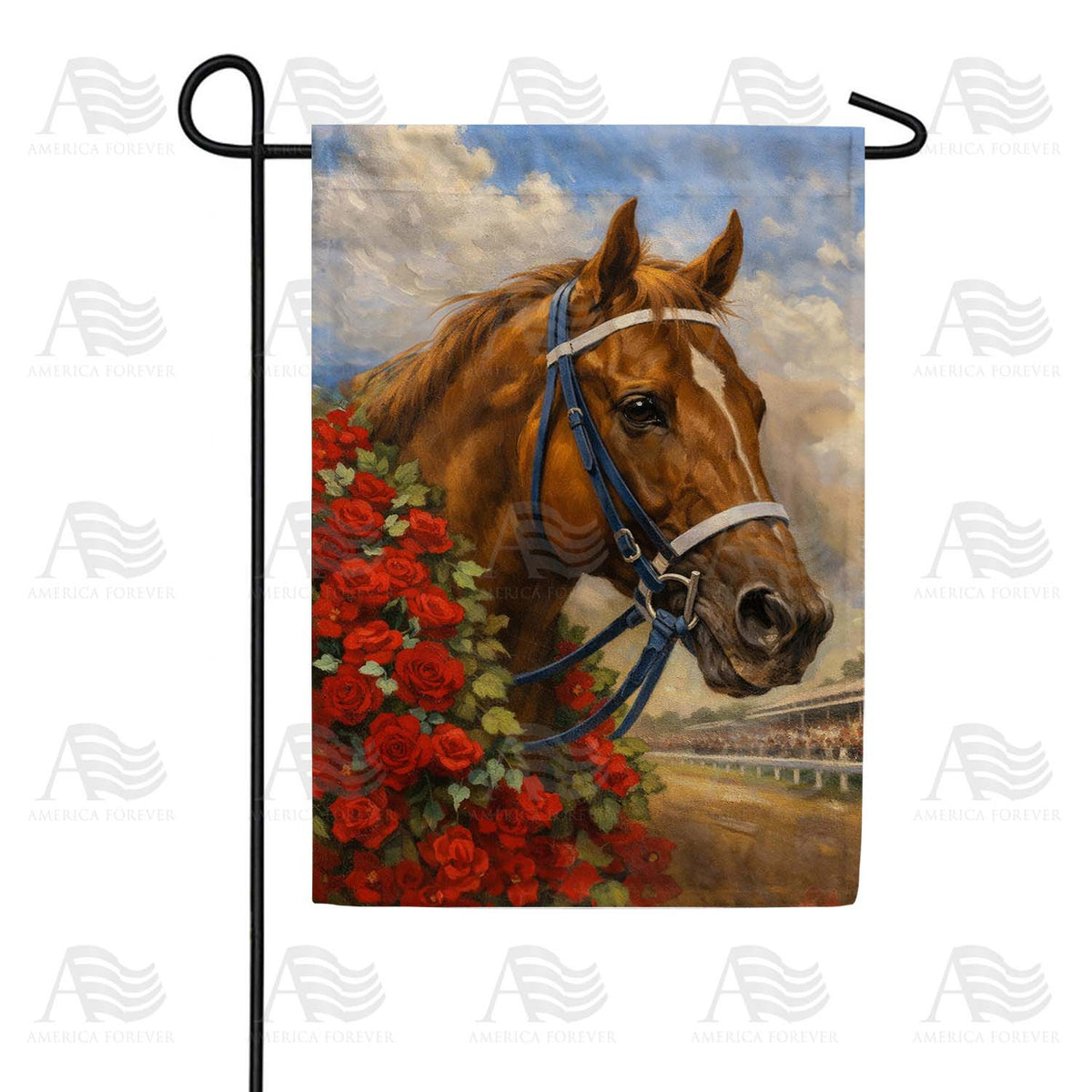 Kentucky Derby Horse with Red Roses Garden Flag