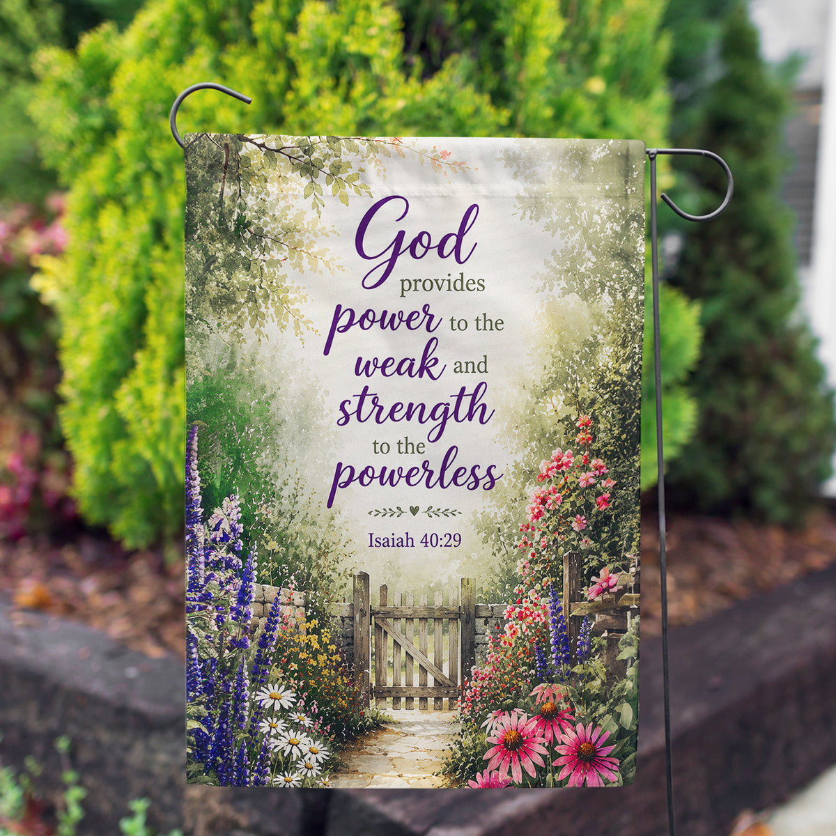 Isaiah 40:29 God Provides Power Floral Gate Garden Flag