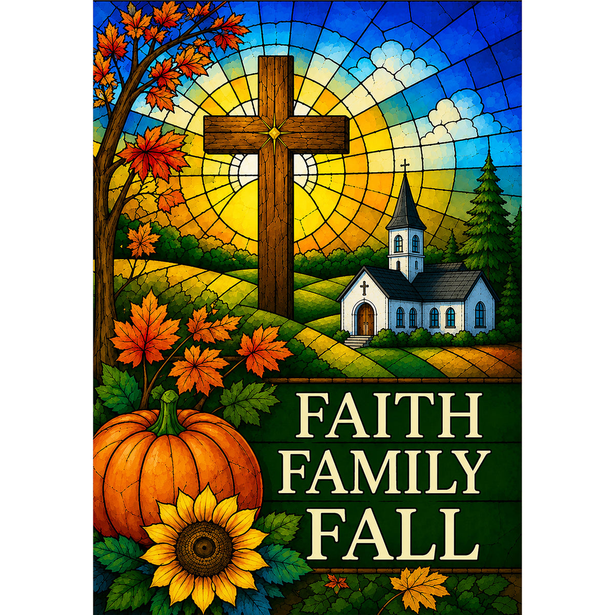 America Forever Faith Family Fall Stained Glass Cross Garden Flag