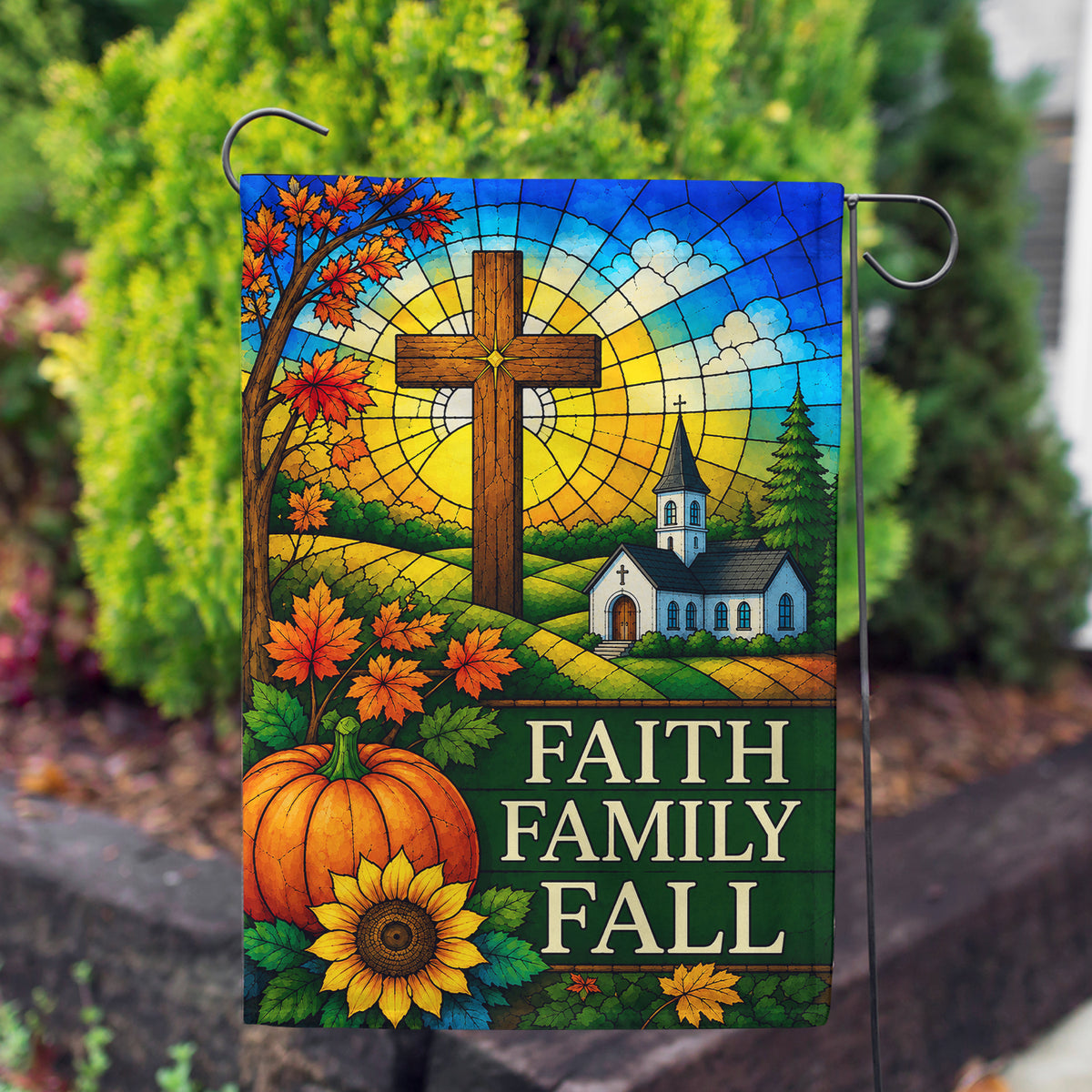America Forever Faith Family Fall Stained Glass Cross Garden Flag
