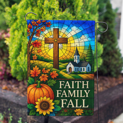 America Forever Faith Family Fall Stained Glass Cross Garden Flag